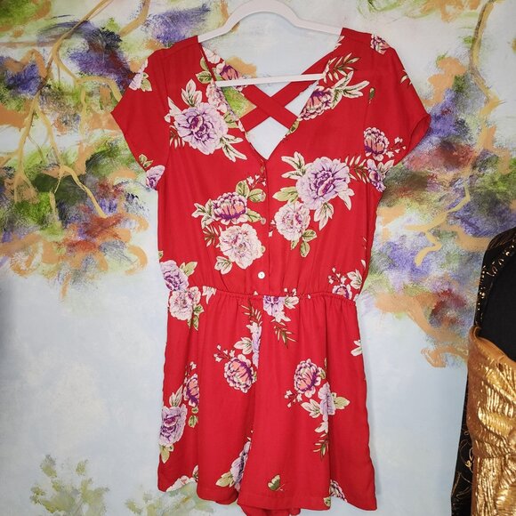 As U Wish Womens Romper Playsuit Red Floral Lined V Neck Elastic - Picture 3 of 5